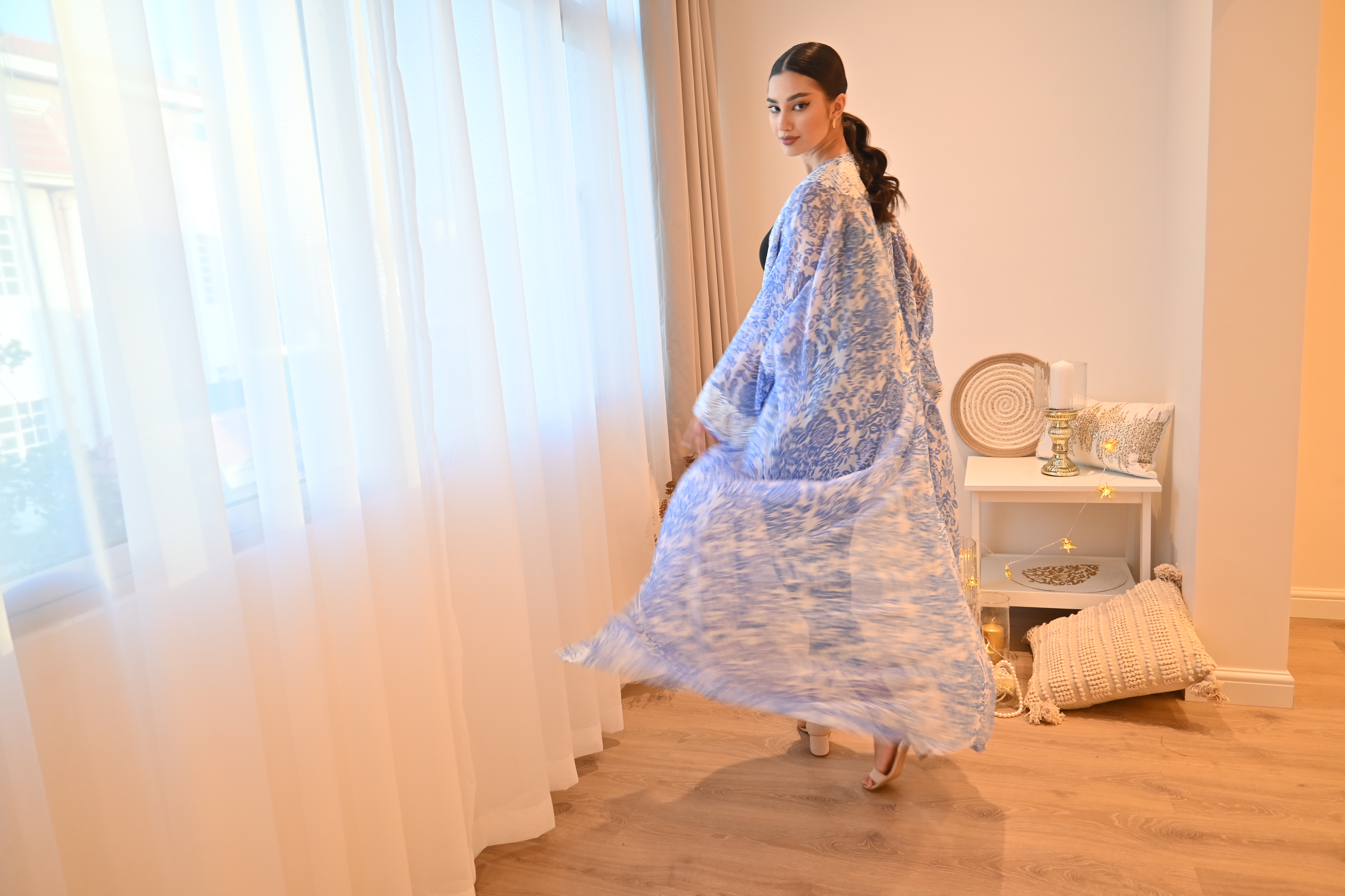 PF Embroidered Chiffon Kimono (Blue &amp; White)