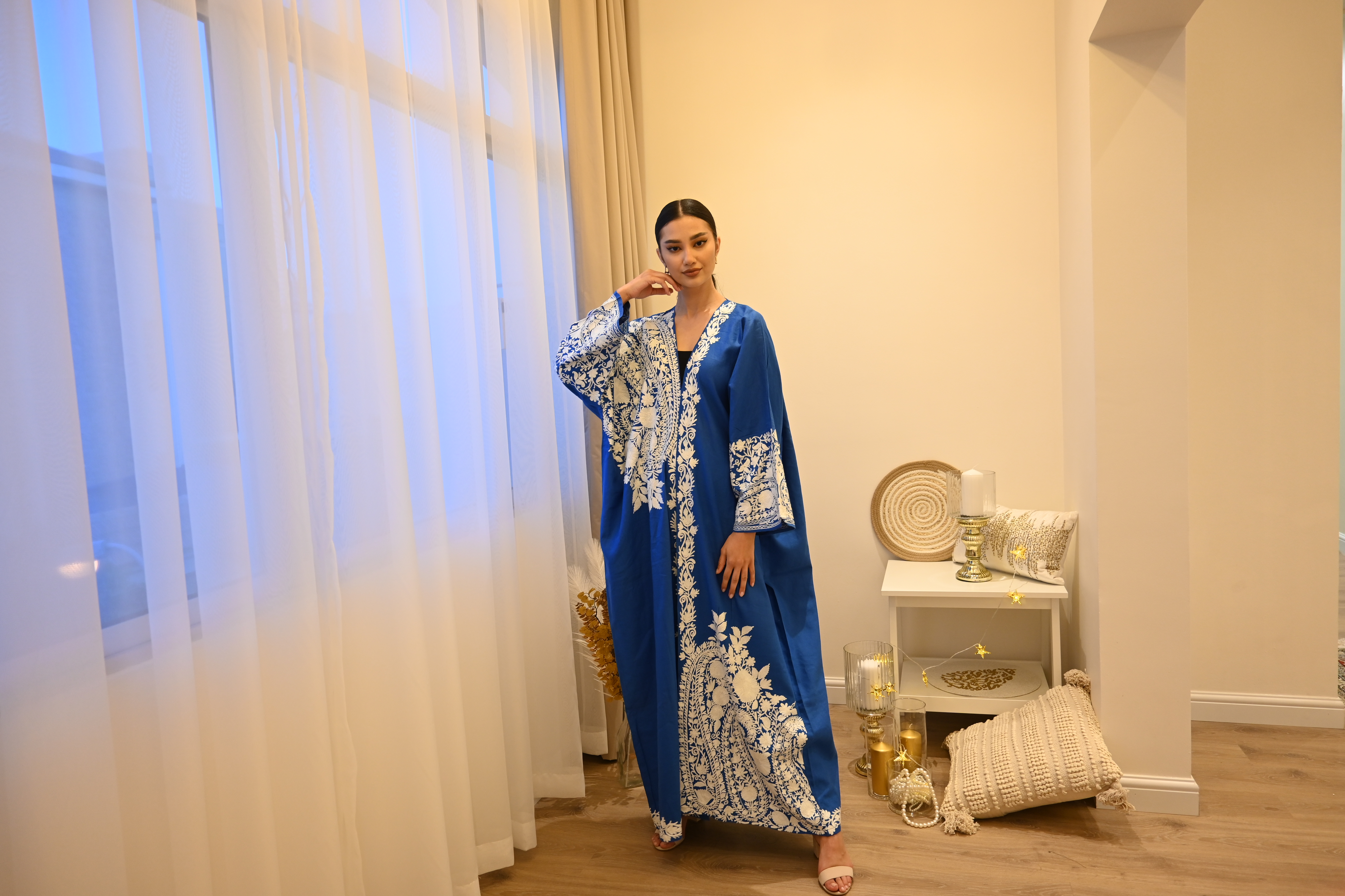PF Embroidered Linen Abaya/Bisht ( Blue &amp; White)