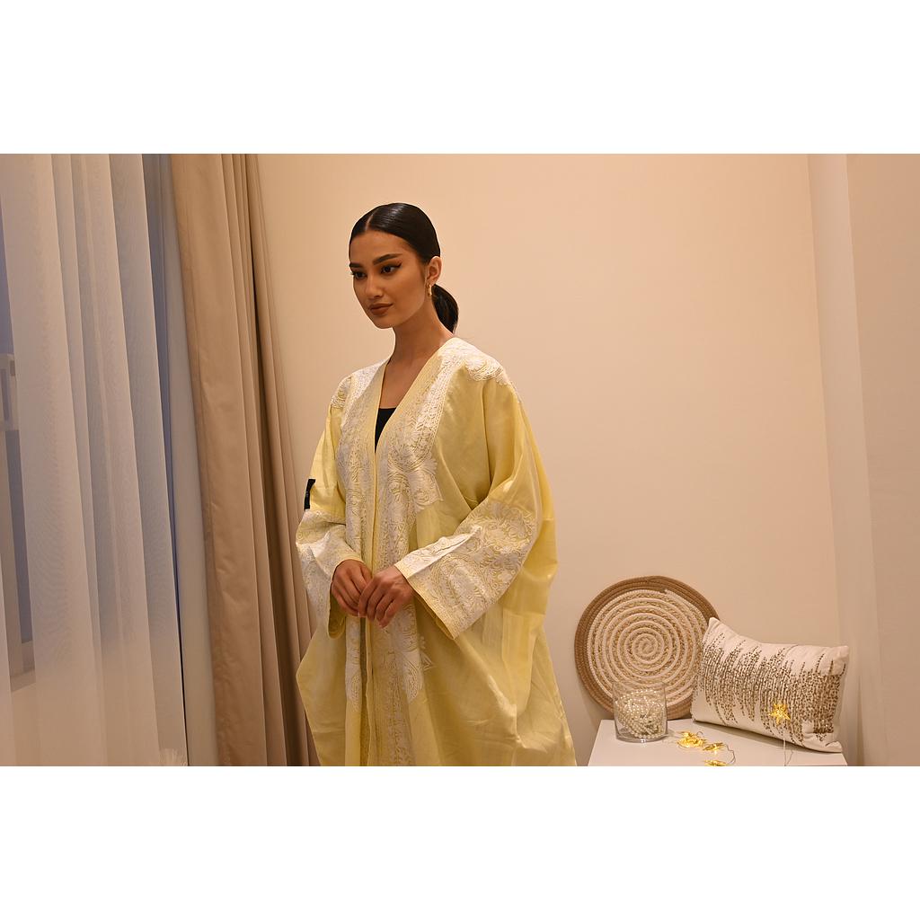 PF Embroidered Linen Abaya/Bisht ( Yellow &amp; White)