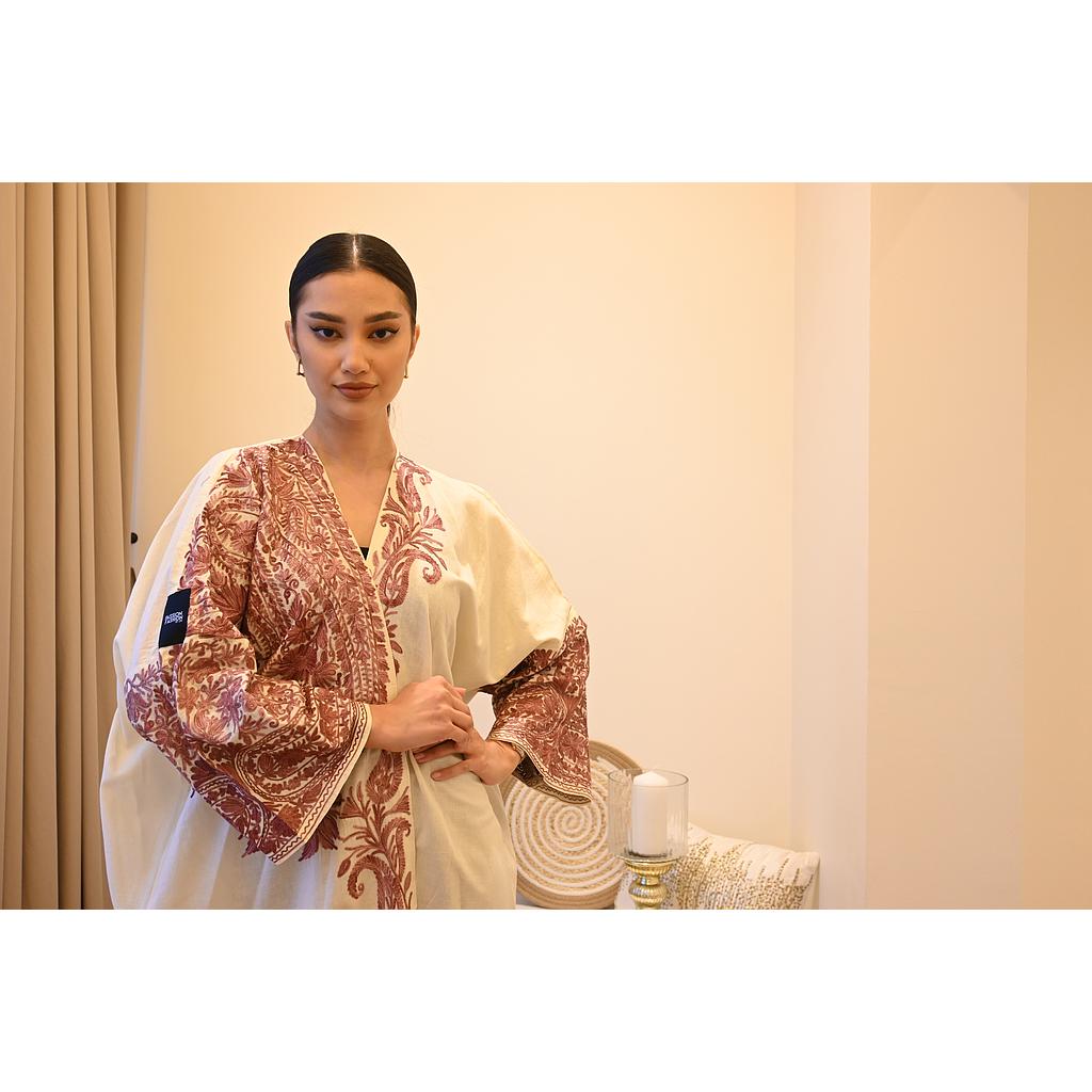 PF Embroidered Linen Abaya/Bisht (White &amp; Maroon)