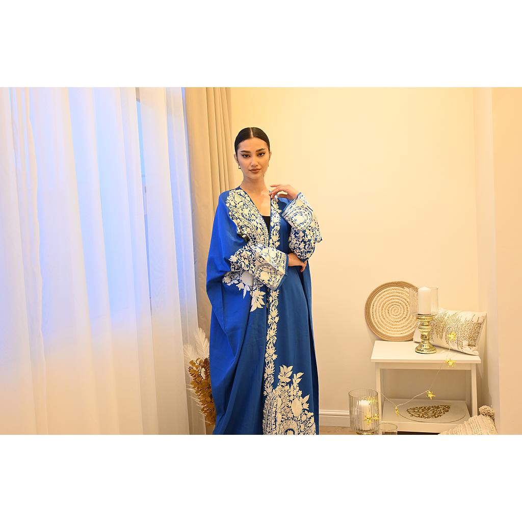 PF Embroidered Linen Abaya/Bisht ( Blue &amp; White)